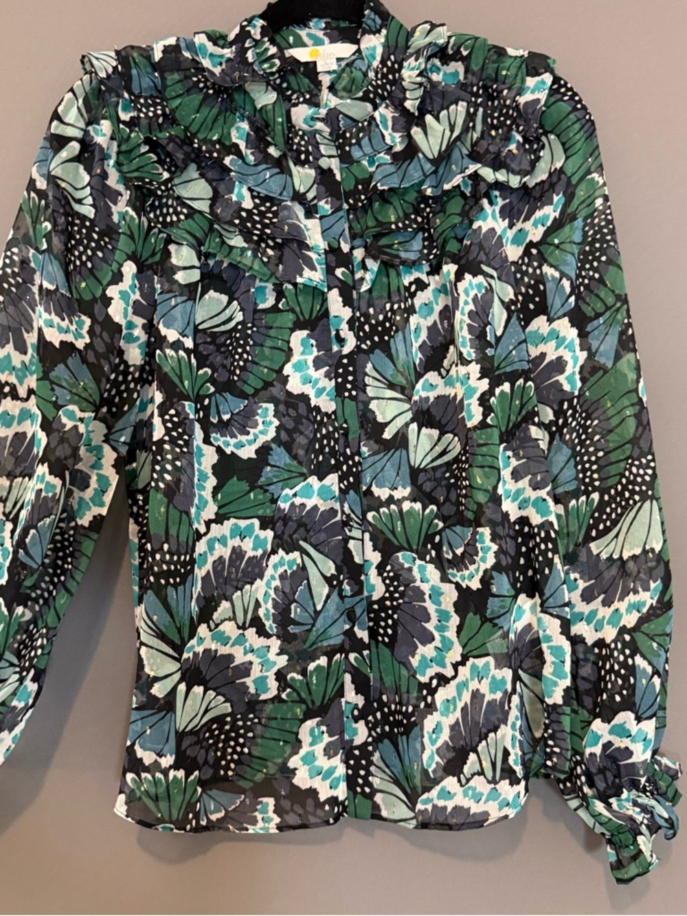 Boden Ruffle Collar Floral Blouse Top Green Blue Maximalist Print US 6